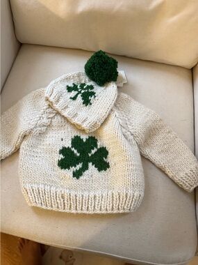 Cream Knit Baby Sweater & Hat Set with Green Shamrock 18-24m
